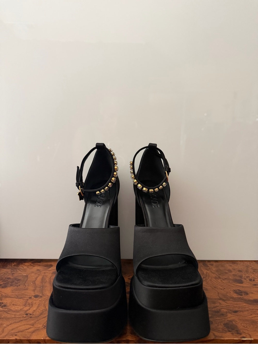 Versace Black Platform Block-Heel Sandals with Gold Chain Ankle Strap - Picture 12 of 13